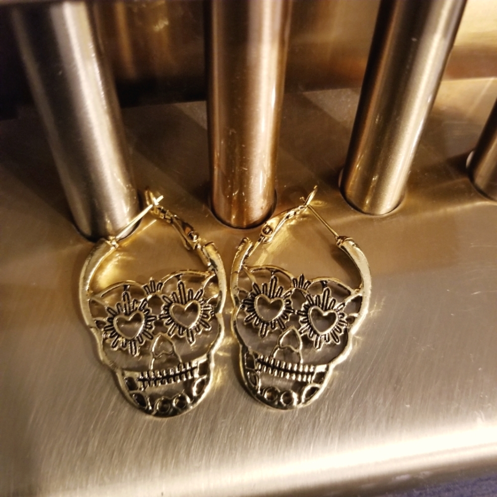 Gold Skull Hoop Earrings - Picture 1 of 4